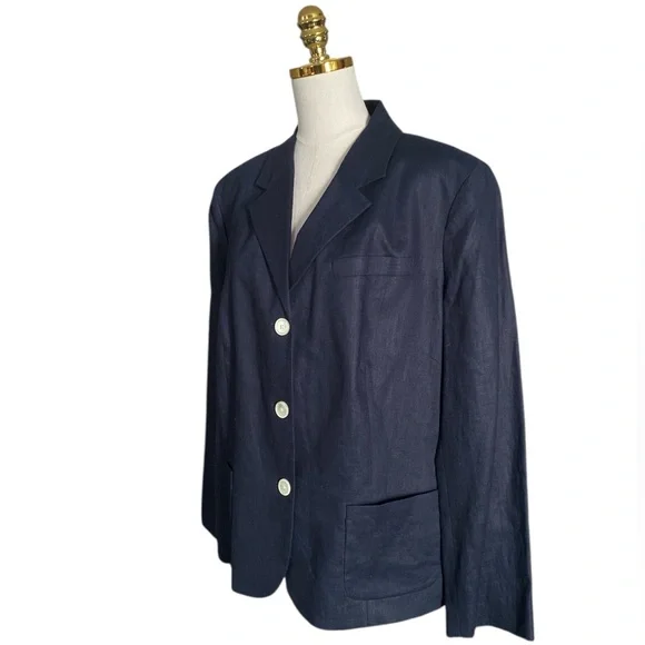 Ralph Lauren Vintage 90s 100% Linen Minimalist Preppy Navy Blazer Women 22W - Picture 3 of 6